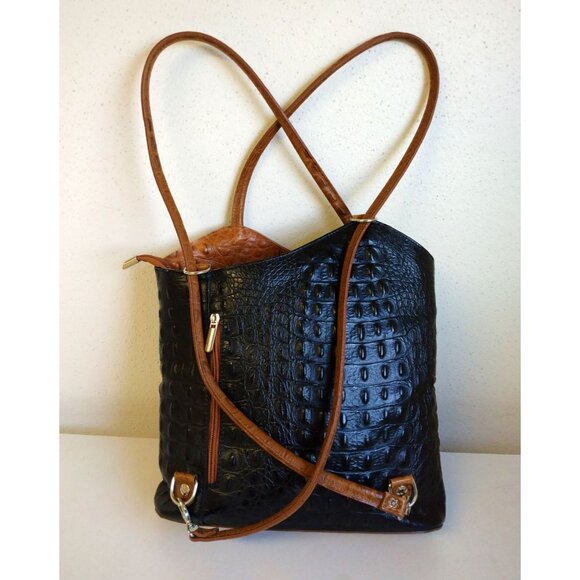 Vera Pelle Convertible Croc Embossed Leather Backpack Bag Purse in Black and Tan main image 10